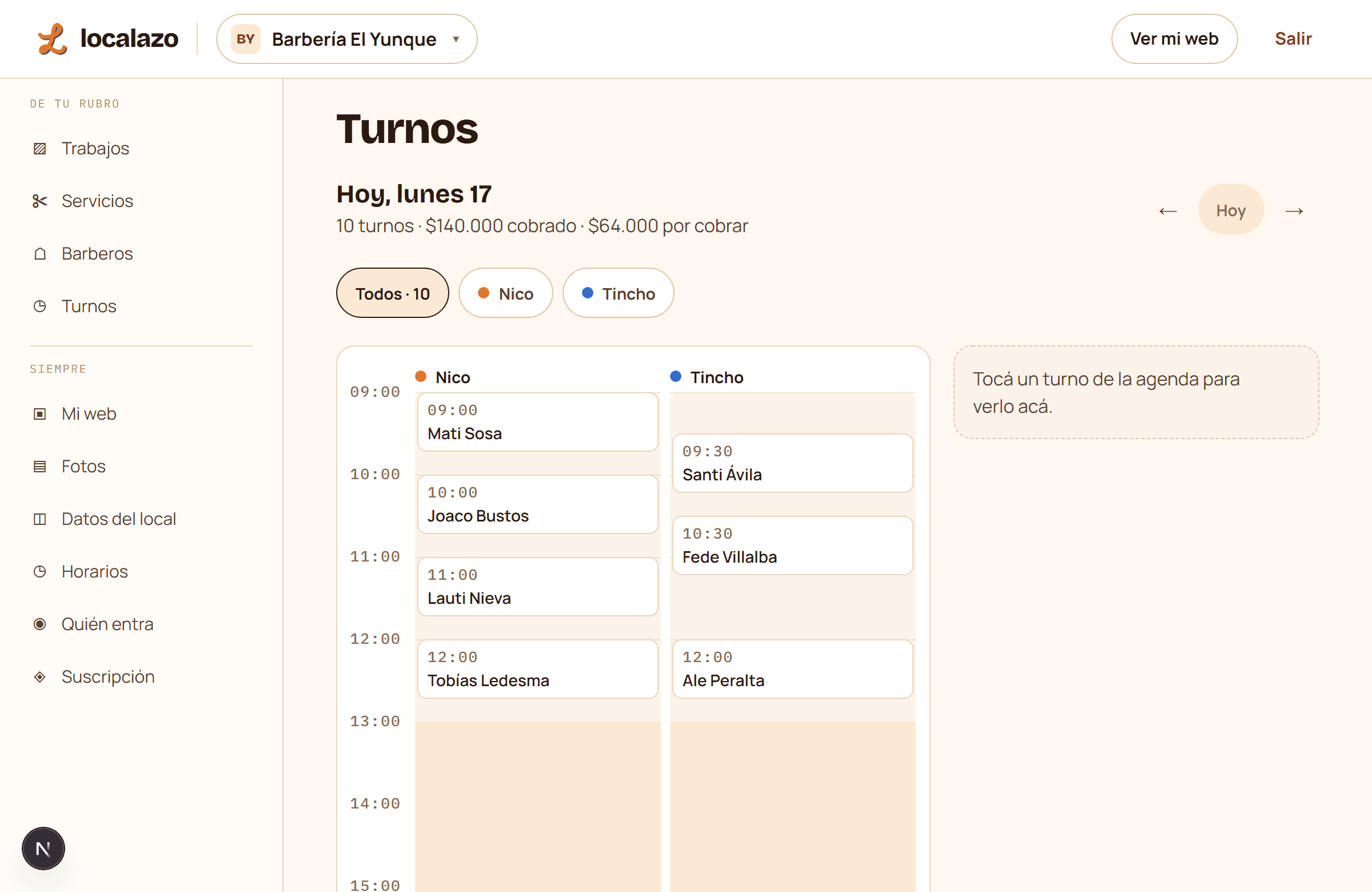 El sistema por dentro, con la agenda del día y los totales cobrados arriba.