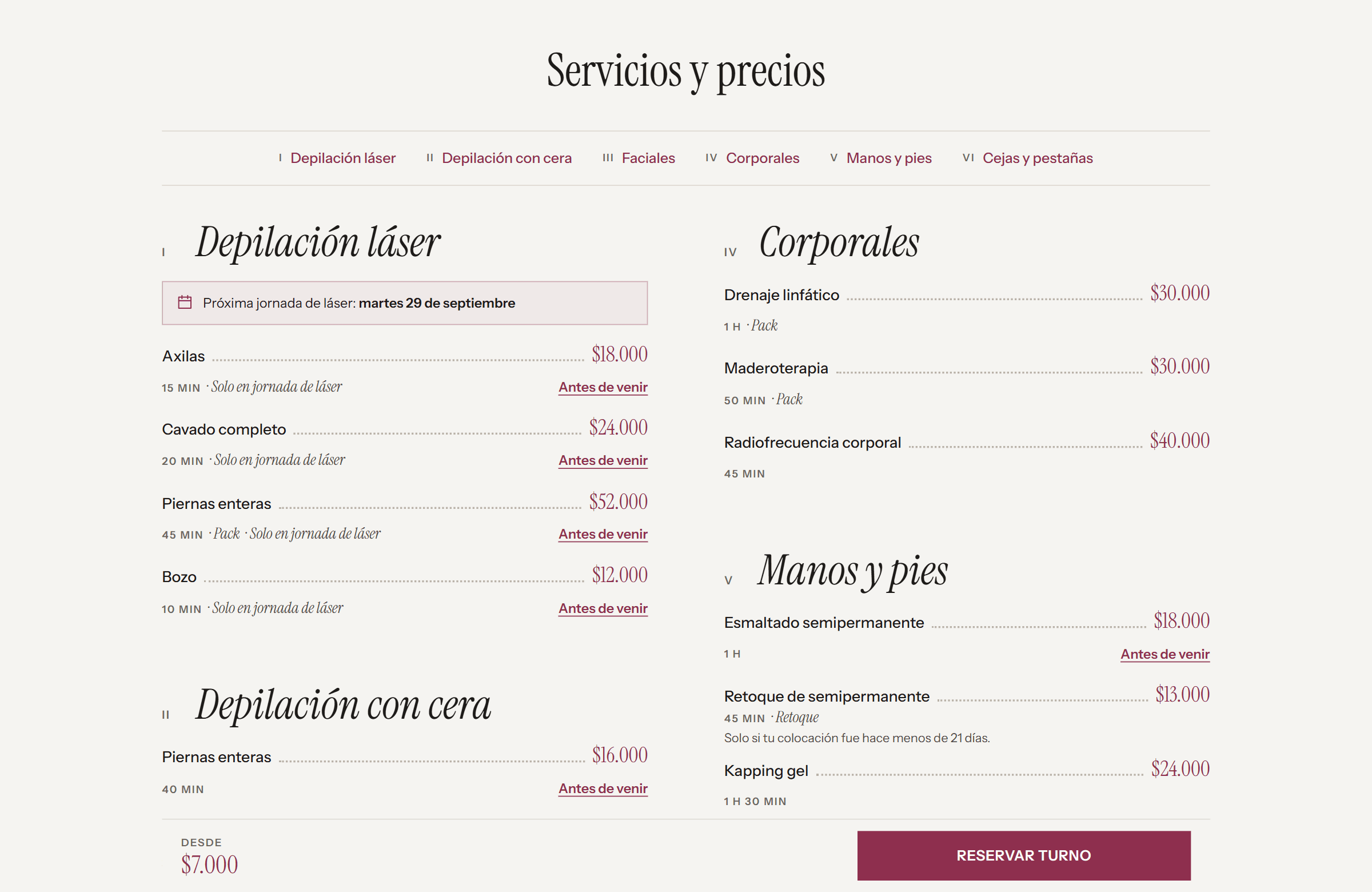La web de una estética: los servicios por categoría, con los títulos en letra serif y los precios alineados con puntos, y abajo una barra con «Desde $7.000» y un botón que dice «Reservar turno».